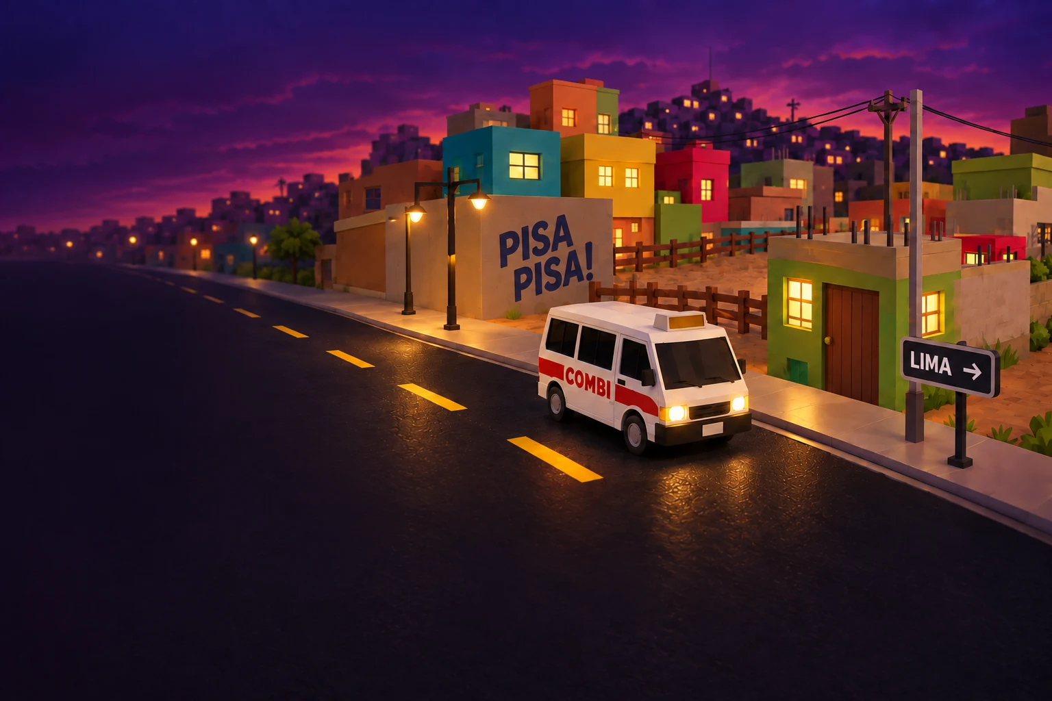 Una combi recorre un barrio limeño al atardecer, junto a un mural que dice PISA PISA.